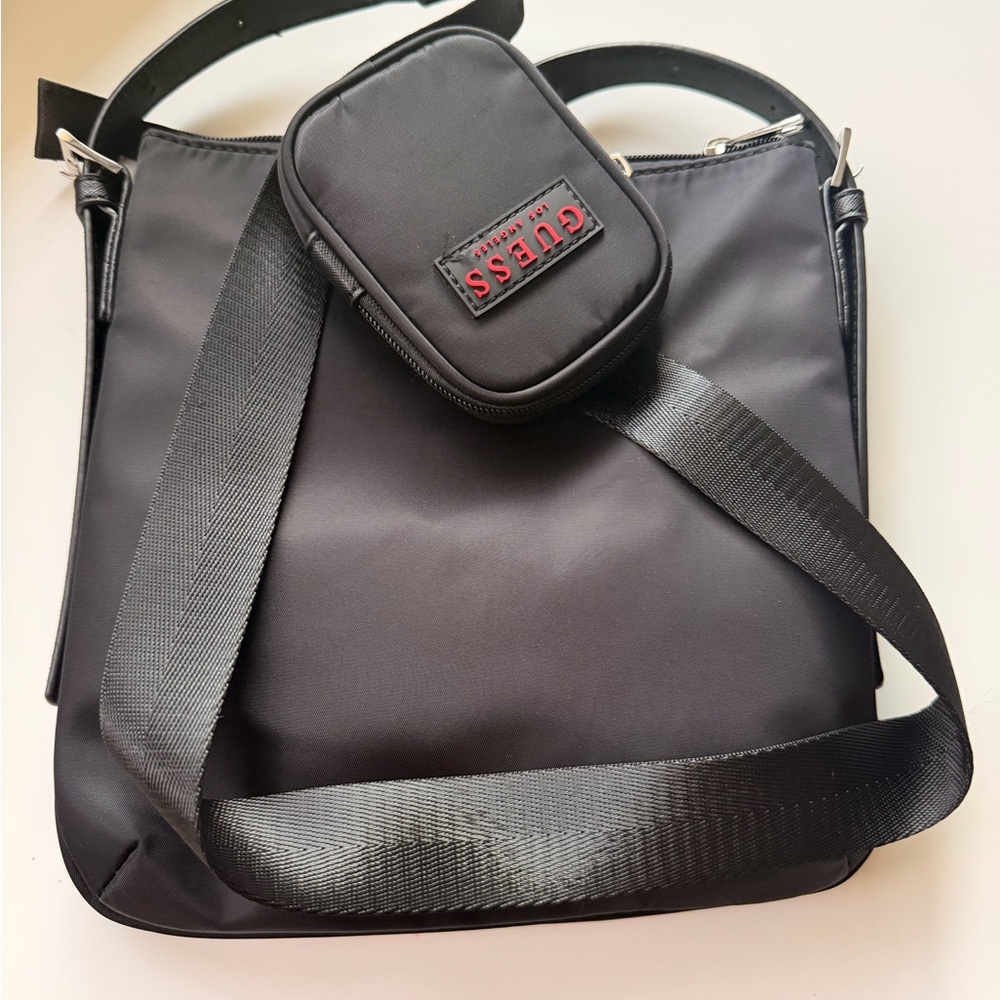 GUESS Black Men's Messenger Crossbody Bag with Red Logo Patch
